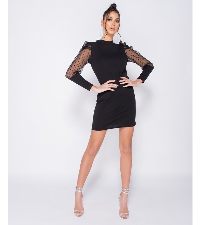 PARISIAN Tupfen-Sheer Puffärmel Bodycon Minikleid - Frauen - Schwarz