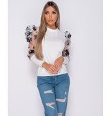 PARISIAN Floral Flockdruck Puffärmeln High Neck Tops - Damen - Weiß