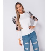 PARISIAN Floral Flockdruck Puffärmeln High Neck Tops - Damen - Weiß