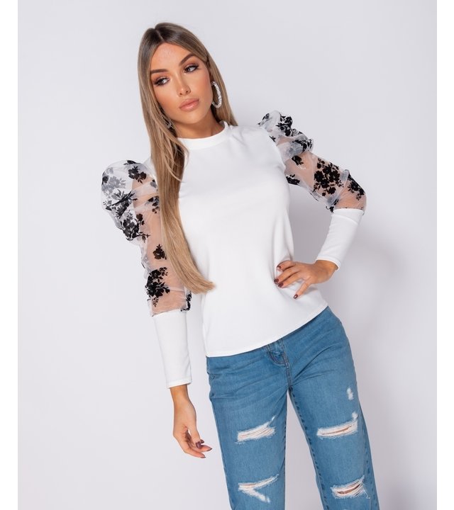 PARISIAN Floral Flockdruck Puffärmeln High Neck Tops - Damen - Weiß