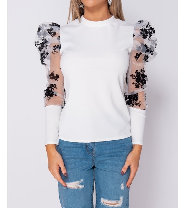 PARISIAN Floral Flockdruck Puffärmeln High Neck Tops - Damen - Weiß