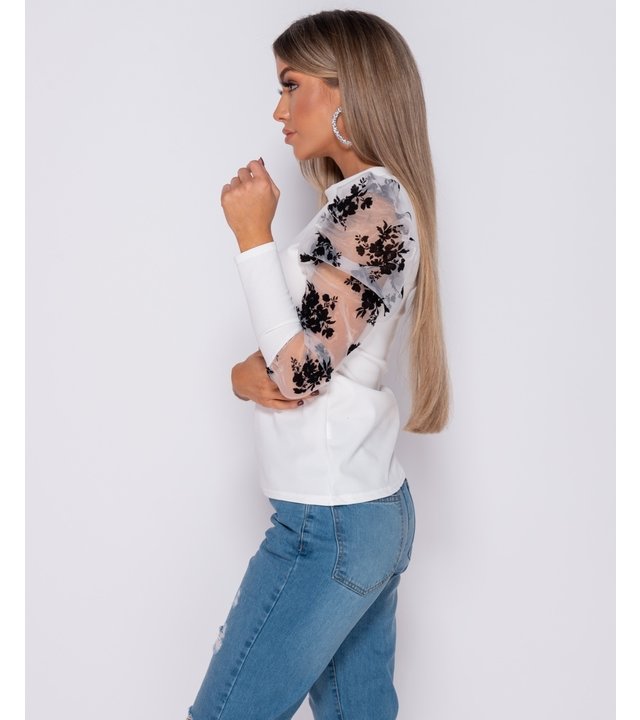 PARISIAN Floral Flockdruck Puffärmeln High Neck Tops - Damen - Weiß