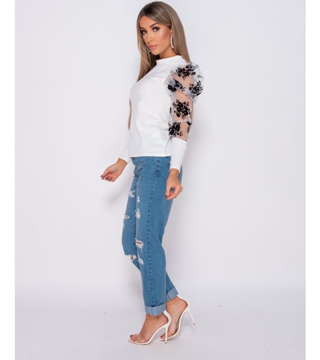 PARISIAN Floral Flockdruck Puffärmeln High Neck Tops - Damen - Weiß