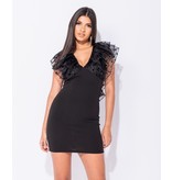 PARISIAN Tupfen-Sheer Rüschen Sleeve V-Ausschnitt Bodycon Minikleid - Frauen - Schwarz