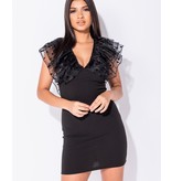 PARISIAN Tupfen-Sheer Rüschen Sleeve V-Ausschnitt Bodycon Minikleid - Frauen - Schwarz