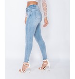 PARISIAN Ausgefranste Ränder mittlere Taillen-dünne Jeans - Frauen - Blau