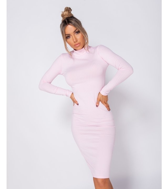 PARISIAN Rib Knit Polo-Ansatz - Midi-Kleid - Frauen - Pink