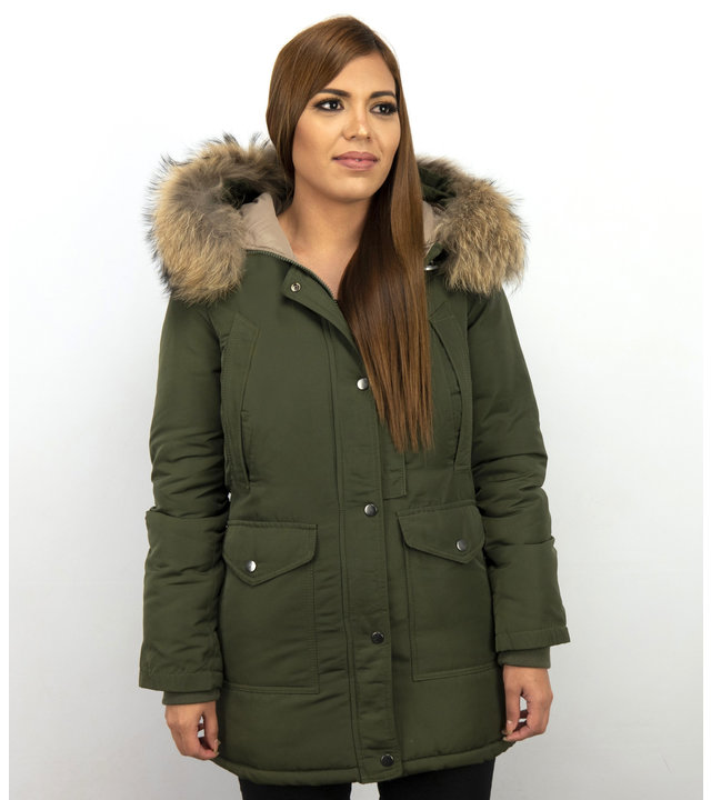 Macleria Jacken mit Fellkragen - Winterjacken Damen Lange - Parka - Khaki