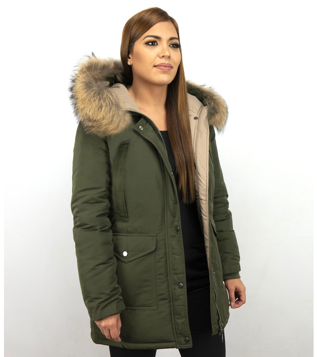 Macleria Jacken mit Fellkragen - Winterjacken Damen Lange - Parka - Khaki