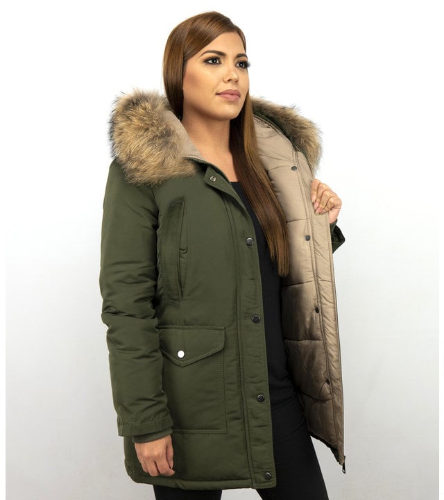 Macleria Jacken mit Fellkragen - Winterjacken Damen Lange - Parka - Khaki