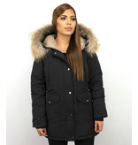 Macleria Jacke mit Fellkragen - Winterjacke Damen Lang - Parka - Schwarz