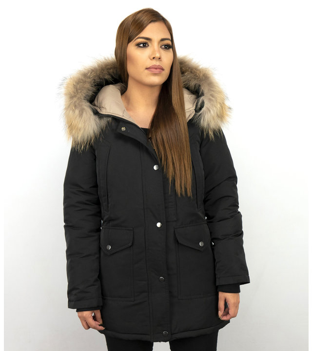 Macleria Jacke mit Fellkragen - Winterjacke Damen Lang - Parka - Schwarz