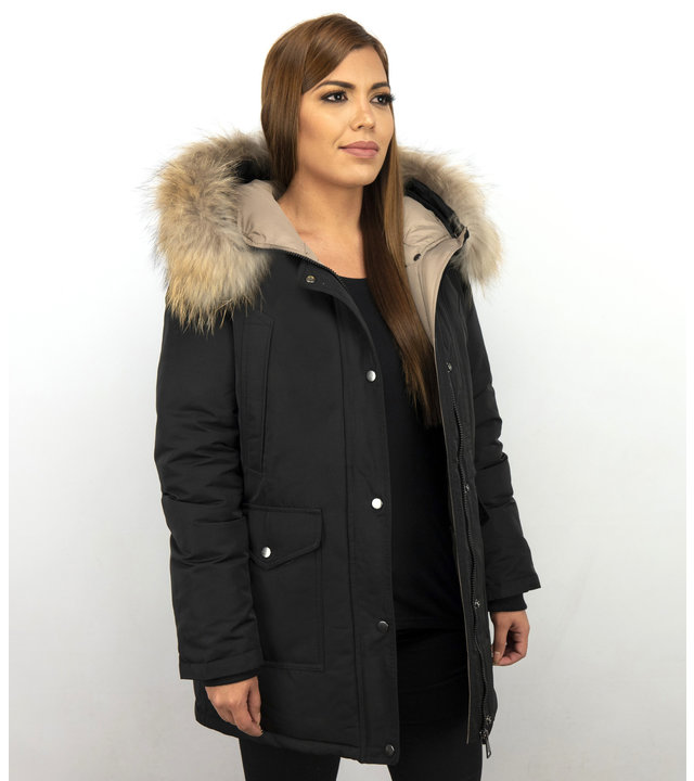 Macleria Jacke mit Fellkragen - Winterjacke Damen Lang - Parka - Schwarz