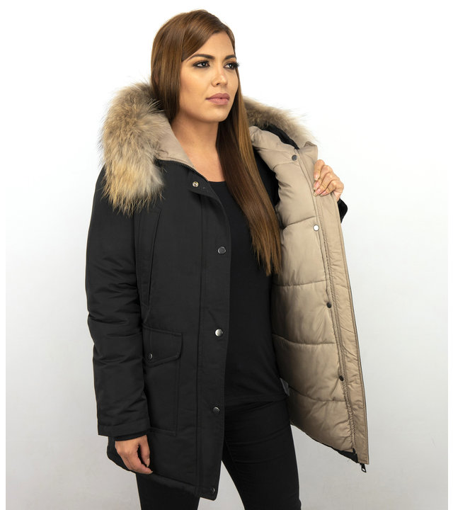 Macleria Jacke mit Fellkragen - Winterjacke Damen Lang - Parka - Schwarz