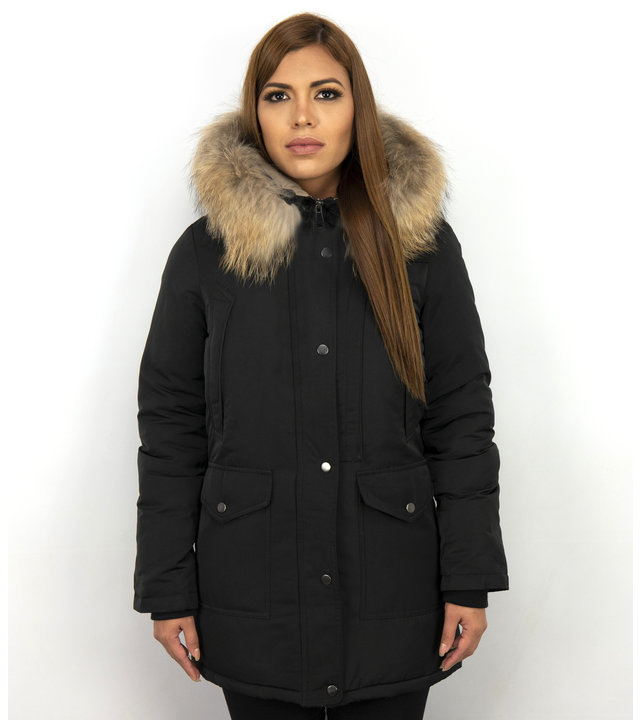 Macleria Jacke mit Fellkragen - Winterjacke Damen Lang - Parka - Schwarz