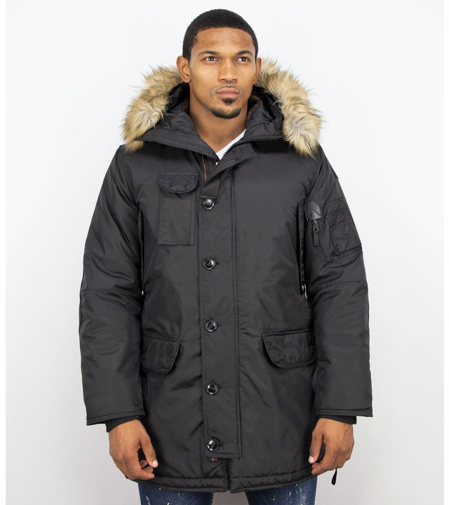 Just Key Winterjacke Herren - Parka Lang mit Fellkragen - Schwarz