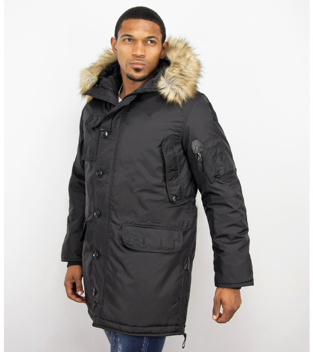 Just Key Winterjacke Herren - Parka Lang mit Fellkragen - Schwarz