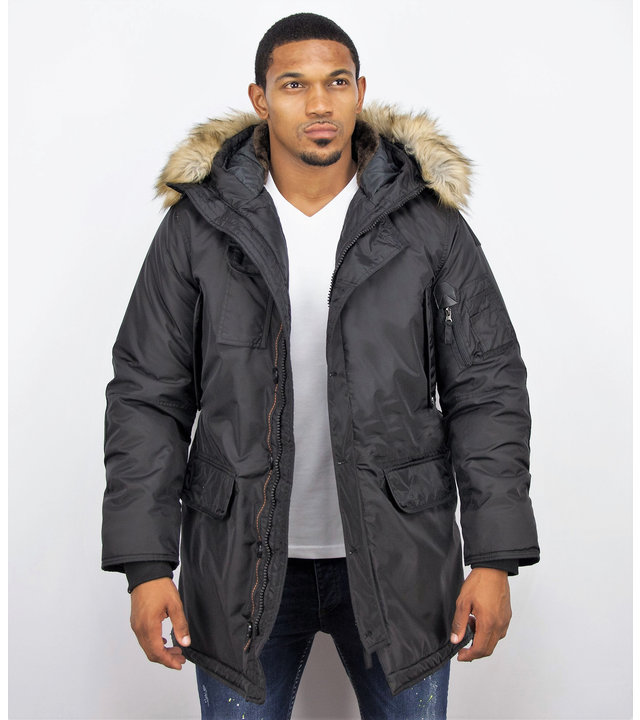 Just Key Winterjacke Herren - Parka Lang mit Fellkragen - Schwarz