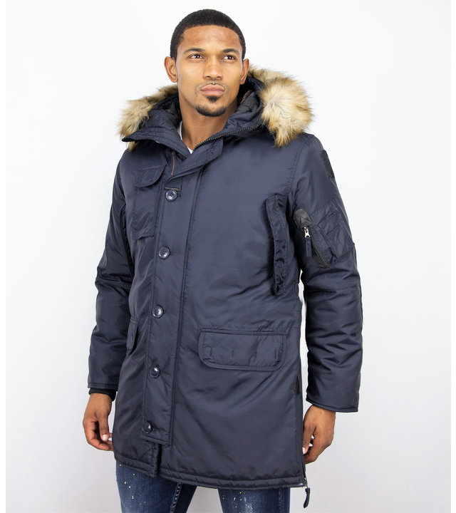 Just Key Winterjacke Herren - Parka Lang mit Fellkragen - Blau