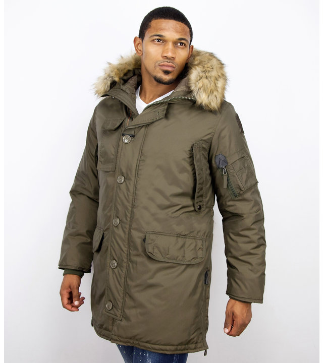 Just Key Winterjacke Herren - Parka Lang mit Fellkragen - Grün