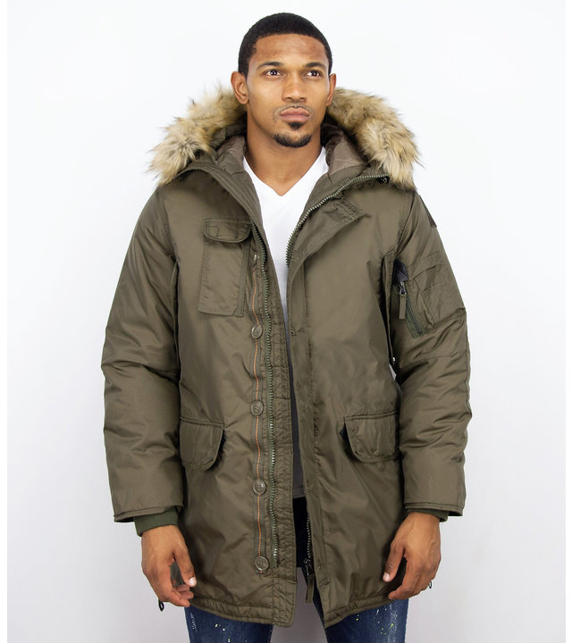 Just Key Winterjacke Herren - Parka Lang mit Fellkragen - Grün