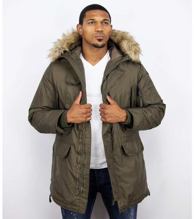 Just Key Winterjacke Herren - Parka Lang mit Fellkragen - Grün