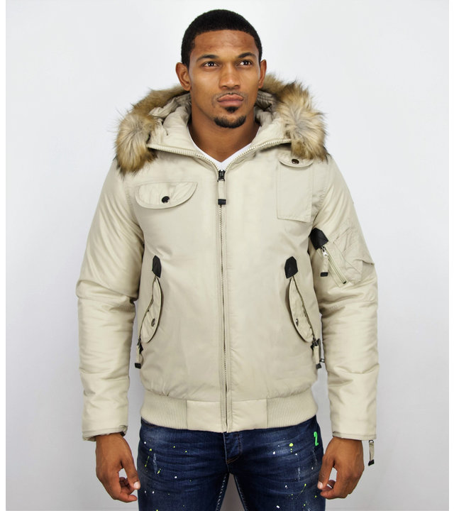 Just Key Jacken mit Fellkragen - Winterjacken Herren Kurze - Pilot Jack - Beige