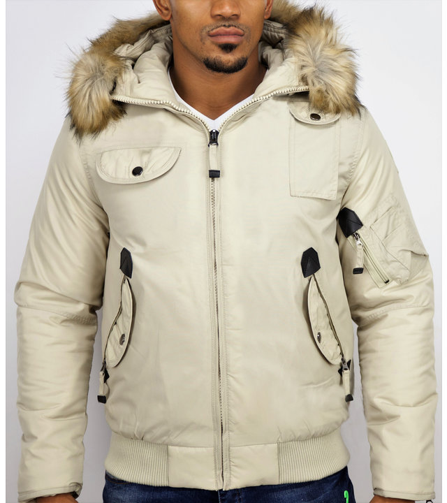 Just Key Jacken mit Fellkragen - Winterjacken Herren Kurze - Pilot Jack - Beige