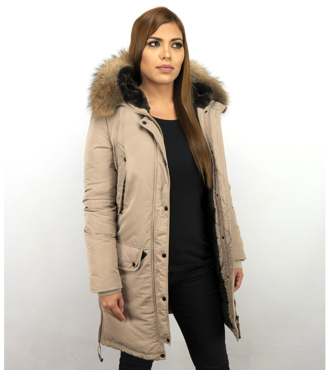 Macleria Winterjacke Damen - Parka mit Echtfell - Beige