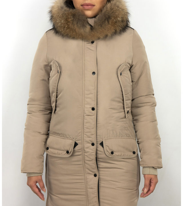 Macleria Winterjacke Damen - Parka mit Echtfell - Beige