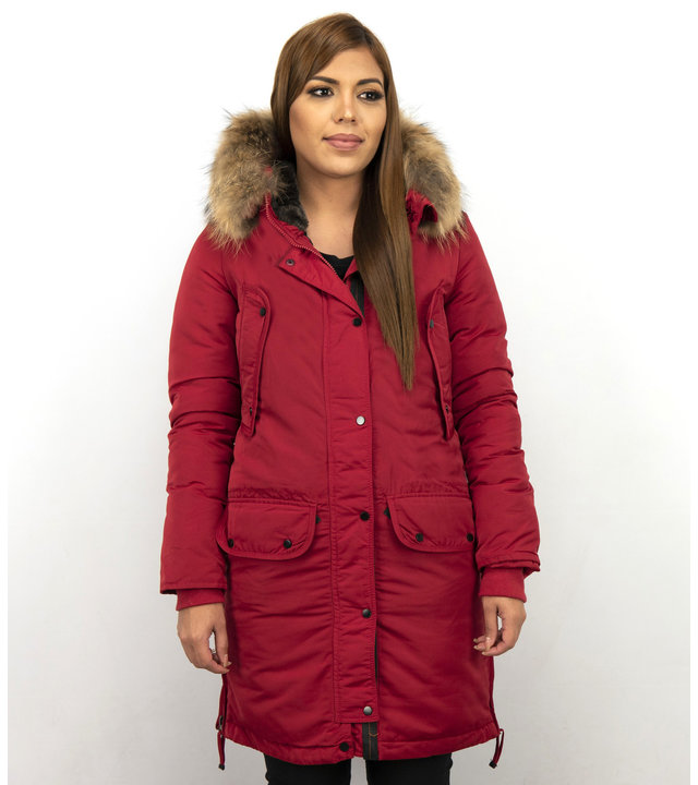 Macleria Winterjacke Damen - Parka mit Echtfell - Rot