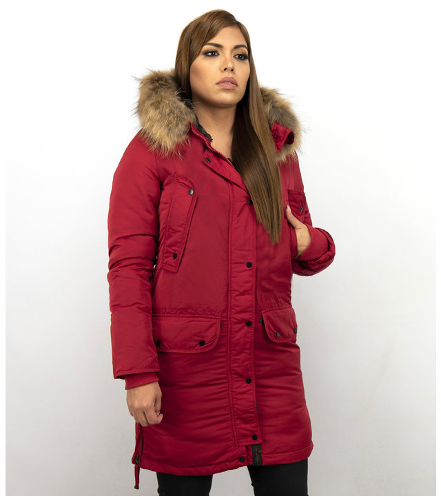 Macleria Winterjacke Damen - Parka mit Echtfell - Rot