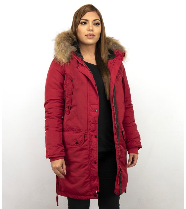 Macleria Winterjacke Damen - Parka mit Echtfell - Rot