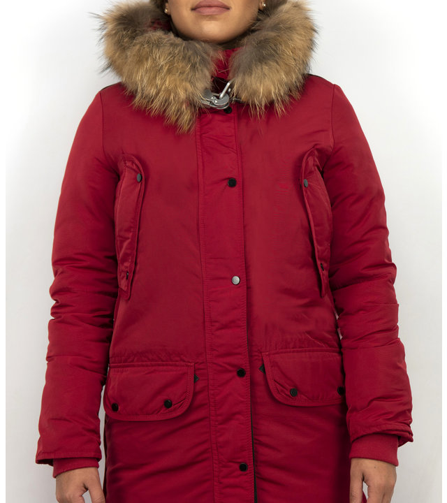 Macleria Winterjacke Damen - Parka mit Echtfell - Rot