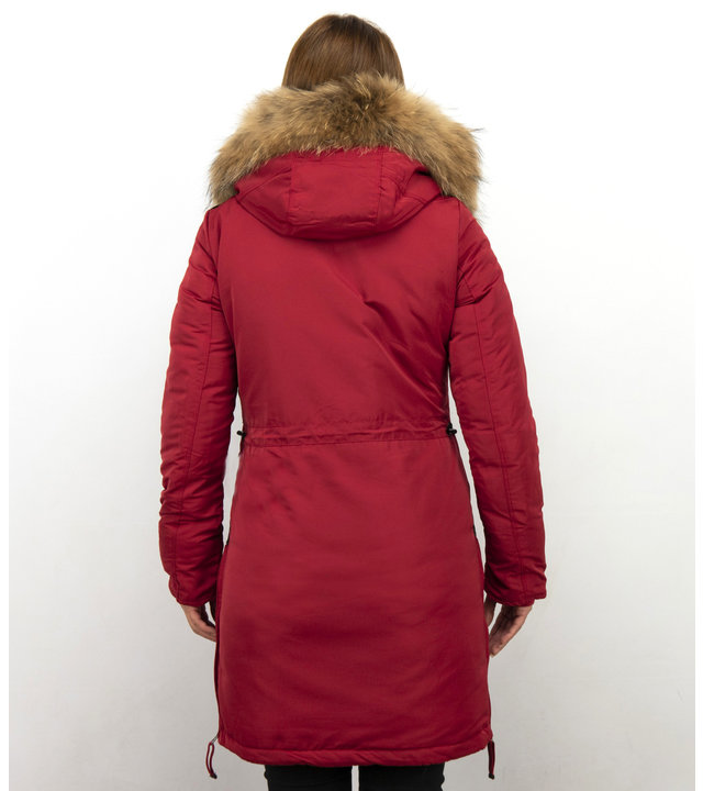 Macleria Winterjacke Damen - Parka mit Echtfell - Rot