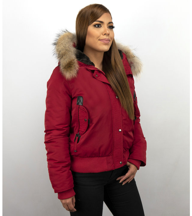 Macleria Winterjacke mit fell Damen - Kurze Jacke - Rot