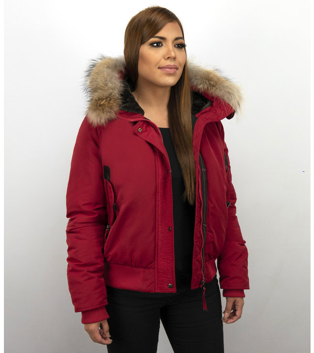 Macleria Winterjacke mit fell Damen - Kurze Jacke - Rot