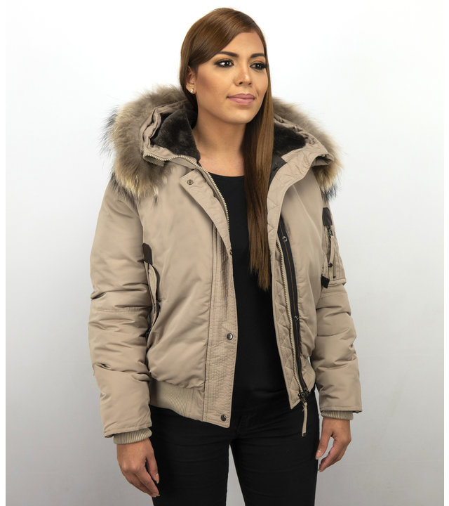 Macleria Jacken mit Fellkragen - Winterjacken Damen Kurz - Beige