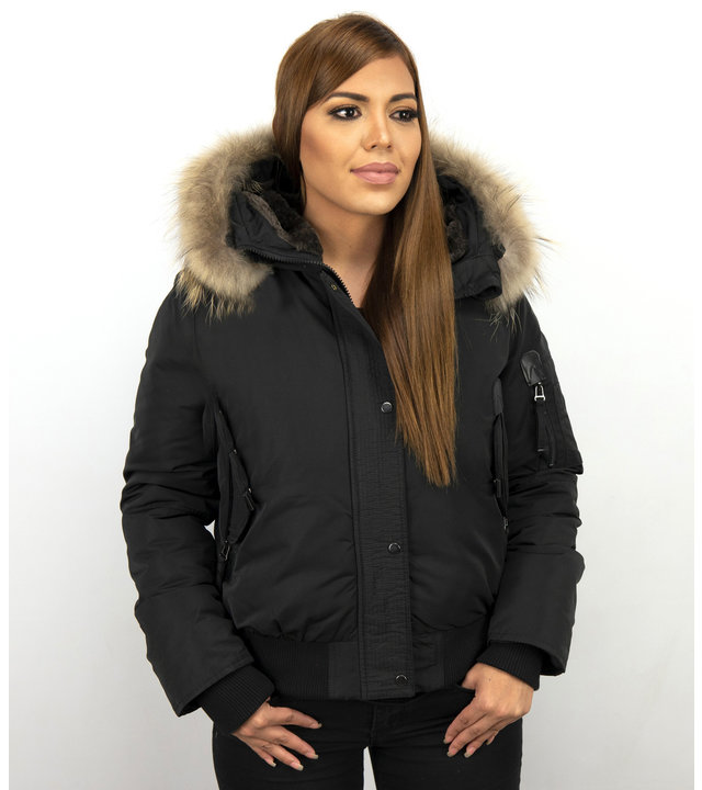 Macleria Jacke mit Fellkragen - Winterjacke Damen Kurz - Schwarz