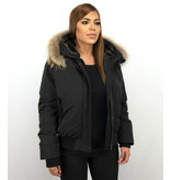 Macleria Jacke mit Fellkragen - Winterjacke Damen Kurz - Schwarz