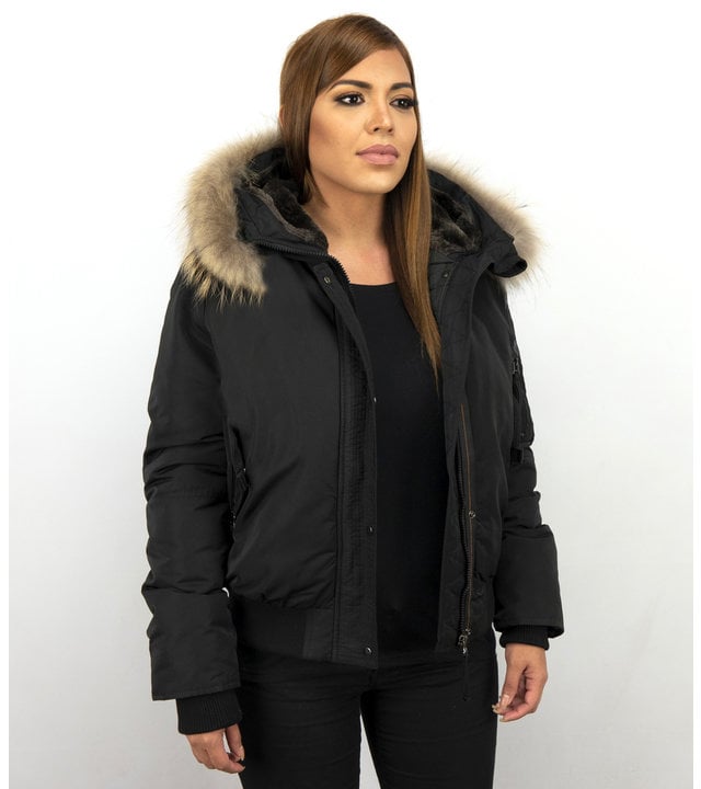 Macleria Jacke mit Fellkragen - Winterjacke Damen Kurz - Schwarz