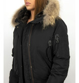 Macleria Jacke mit Fellkragen - Winterjacke Damen Kurz - Schwarz