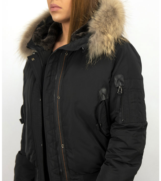 Macleria Jacke mit Fellkragen - Winterjacke Damen Kurz - Schwarz