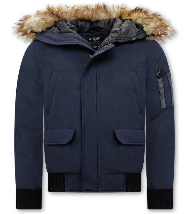 Enos Short Herren Winterjacke - Mit Kunstpelzkragen - Blau