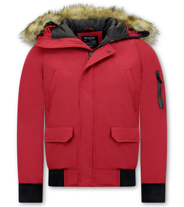 Enos Short Herren Winterjacke - Mit Kunstpelzkragen - Rot