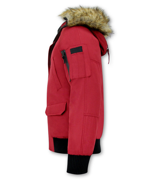 Enos Short Herren Winterjacke - Mit Kunstpelzkragen - Rot