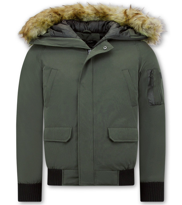 Enos Short Herren Winterjacke - Mit Kunstpelzkragen - Grün