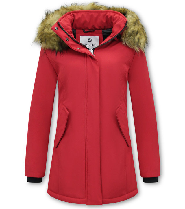 Matogla Damen Winterjacke mit Kunstpelzkragen - Slim Fit - Rot