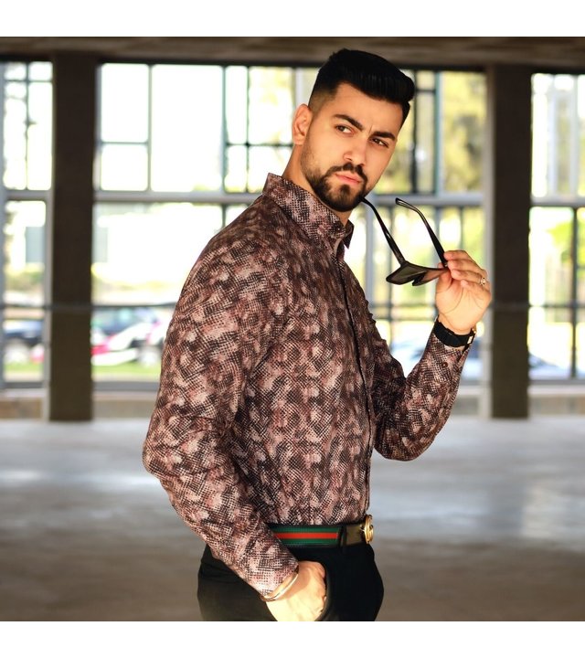 Tony Backer Exklusive Männer Slim Fit Bluse - Digital Printing - 3060 - Braun