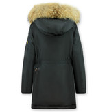 Macleria Damen Winterjacke mit Fellkapuze - Lange Parka - Schwarz